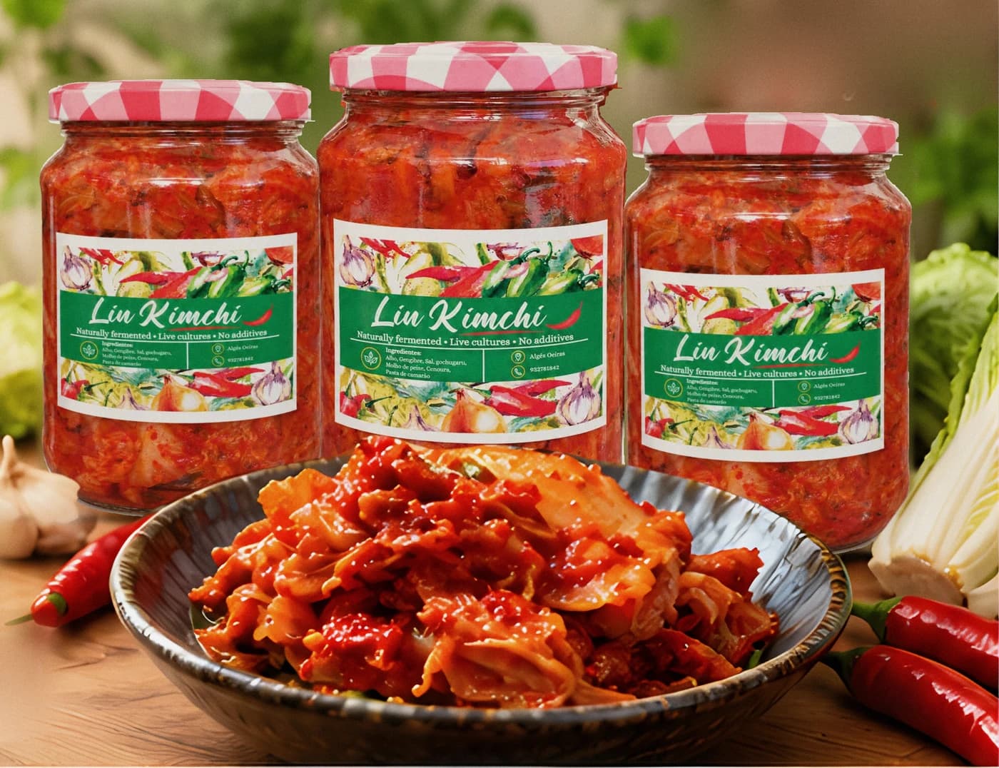 Três frascos de Lin Kimchi e uma taça de kimchi servido